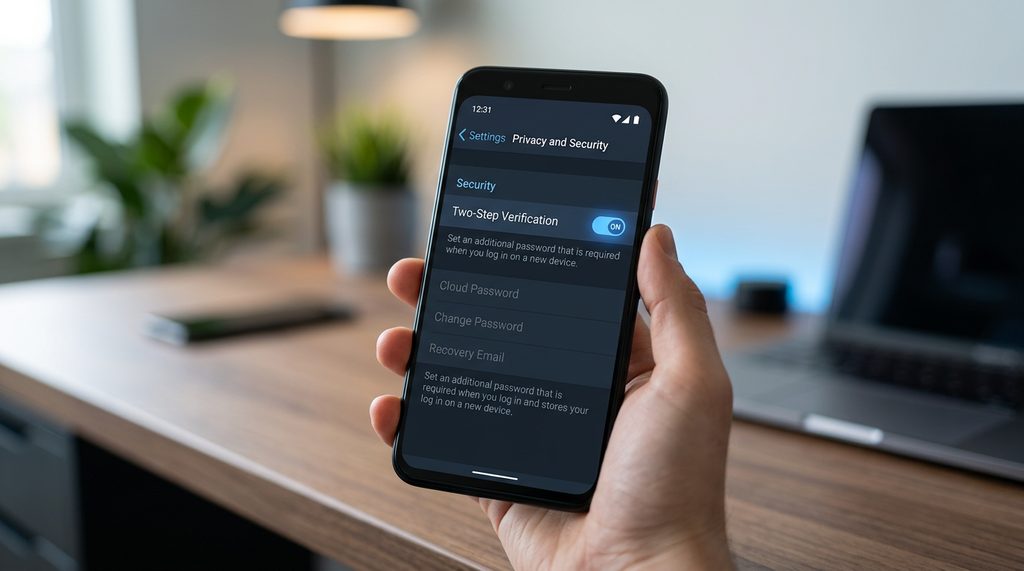 一部手机的屏幕界面，清晰展示Telegram设置页面中的“两步验证”开关，背景虚化处理