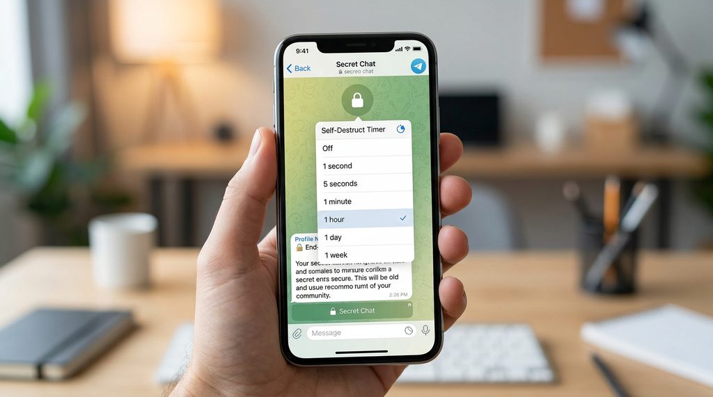 一部智能手机显示Telegram秘密聊天界面，画面清晰展示出消失时间的设置选项，背景虚化处理