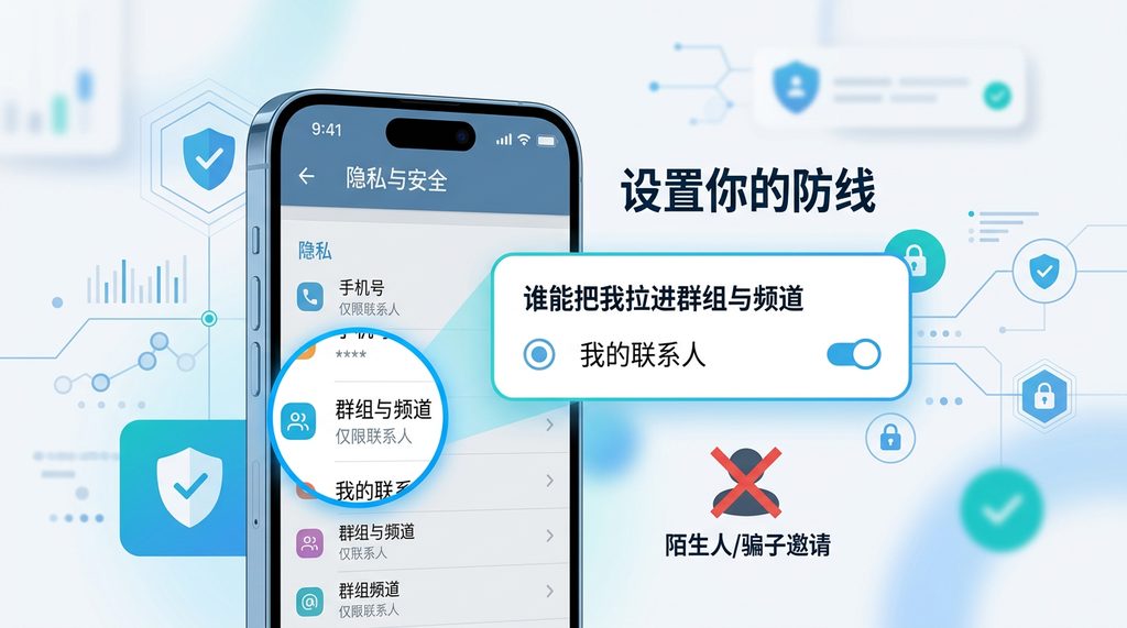一张展示 Telegram 隐私设置界面的手机截图，高亮显示“群组与频道”选项，风格简洁明了