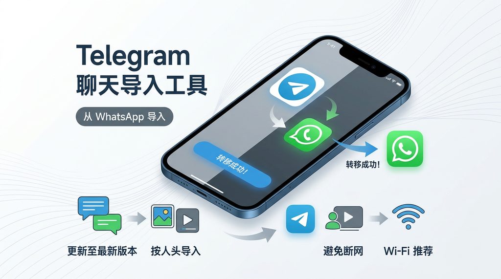 一部智能手机显示 Telegram 与 WhatsApp 对话导入界面的交互示意图，简约扁平设计风格