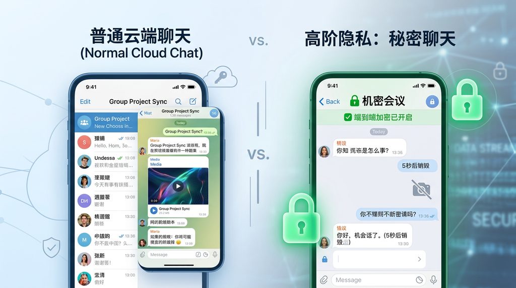 展示 Telegram 界面中“秘密聊天”开启的对比图，左侧为普通聊天，右侧为带绿色锁图标的加密对话