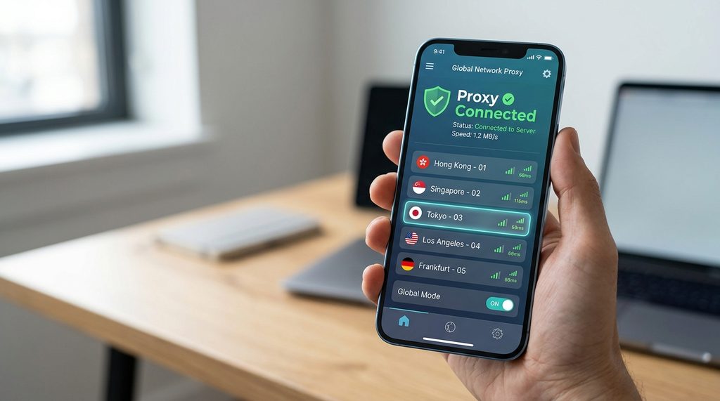 手机屏幕显示代理软件连接界面，清晰标注出“已连接”状态及不同地区的服务器节点列表，现代感UI风格