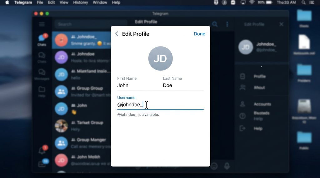一个清爽的 Telegram 个人设置界面，光标正在修改用户名的特写，背景虚化