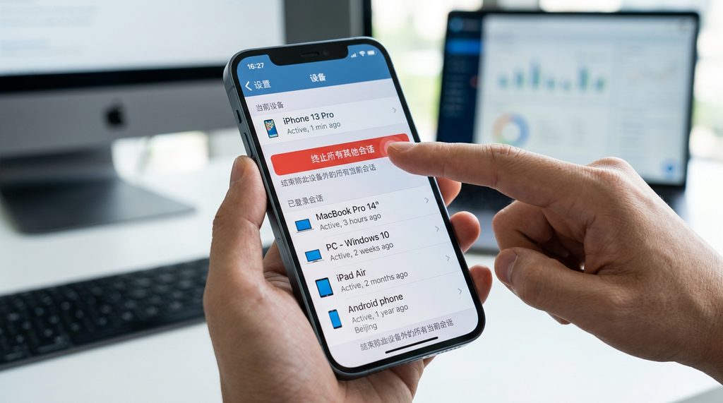 Telegram设备管理列表截图，显示多个已登录设备，手指正点击“终止所有其他会话”按钮