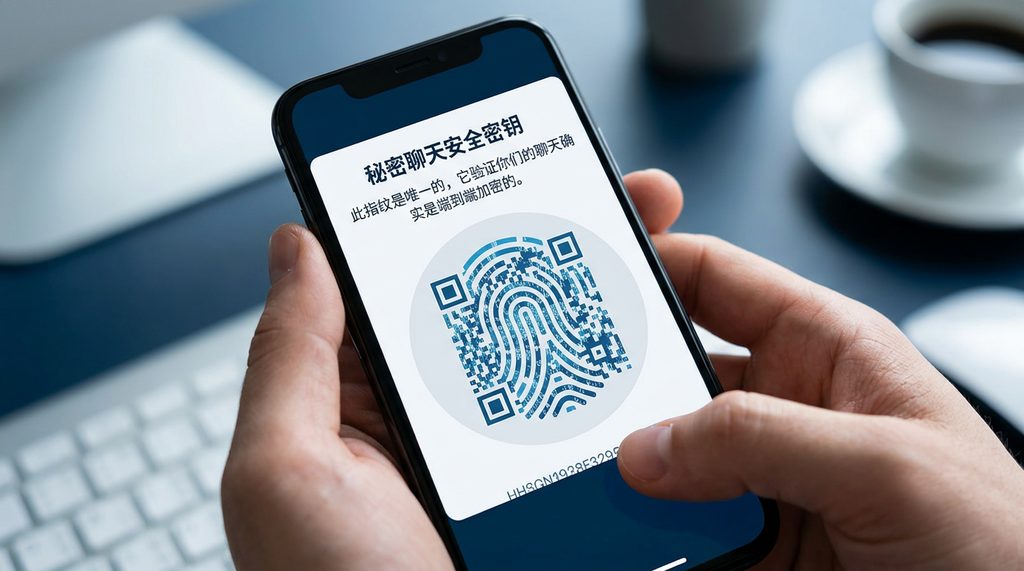 特写镜头展示手机屏幕上的Telegram安全密钥校验界面，显示唯一的加密指纹图案