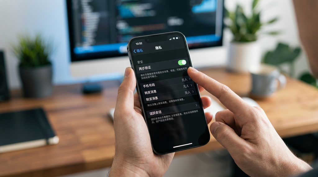 用户操作手机设置 Telegram 隐私菜单的特写，手指正点击“两步验证”开关，背景虚化
