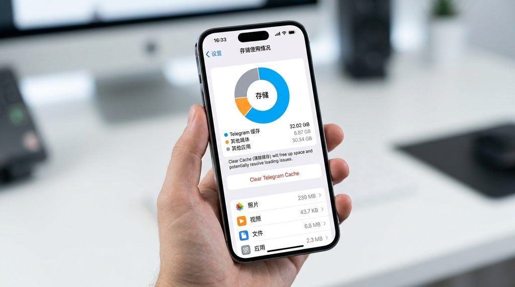 Telegram 设置菜单中的“存储使用情况”界面，展示已用空间饼图及清除缓存按钮