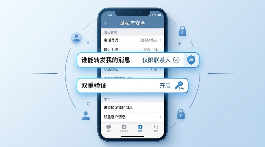 Telegram 隐私与安全设置菜单的截图，突出显示 2FA 和转发限制选项