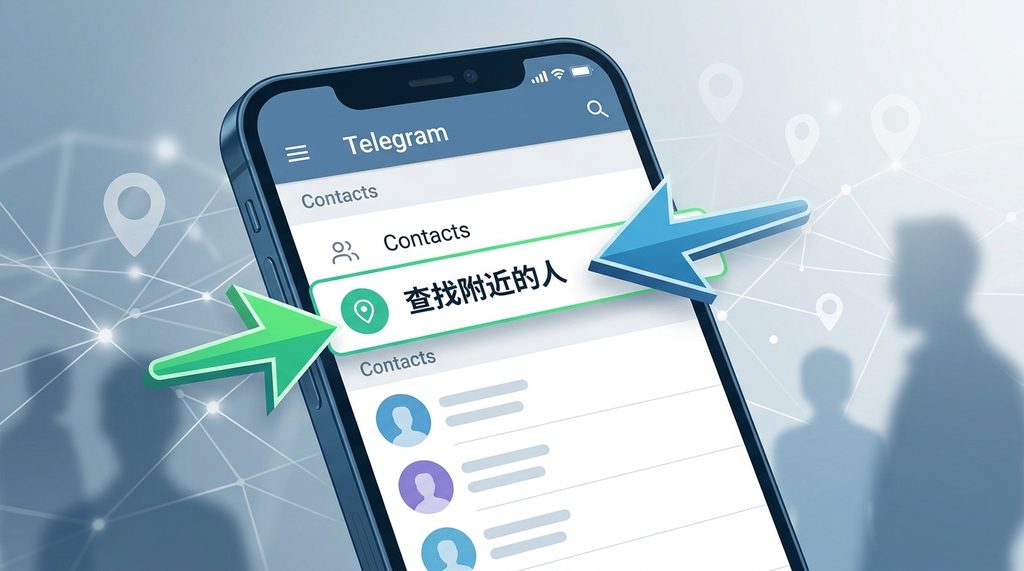 手机屏幕截图,显示Telegram联系人页面中“查找附近的人”选项的引导箭头