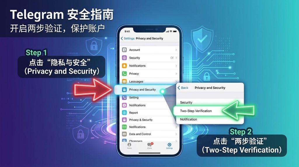 展示 Telegram 隐私设置菜单中两步验证选项的手机截屏，强调路径引导