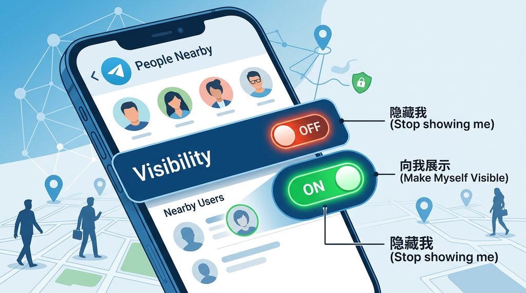 Telegram隐私设置界面截图,着重展示“向我展示”功能的开启与关闭开关
