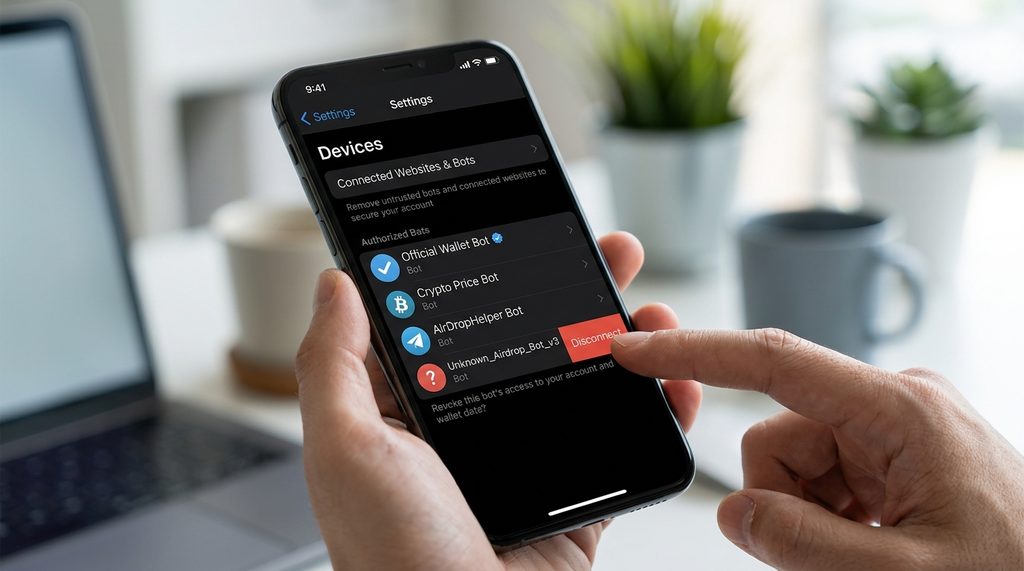 Telegram 连接设备与已授权网站管理页面，展示删除不信任 Bot 的交互动作