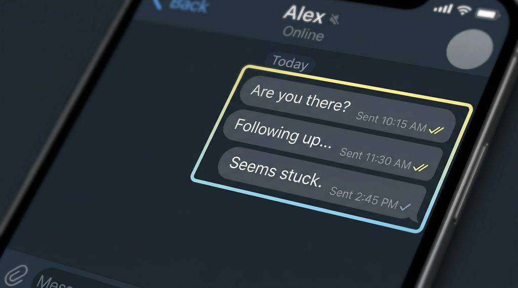 Telegram聊天窗口截图，突出显示消息气泡旁边的单勾标记，简洁的深色模式界面