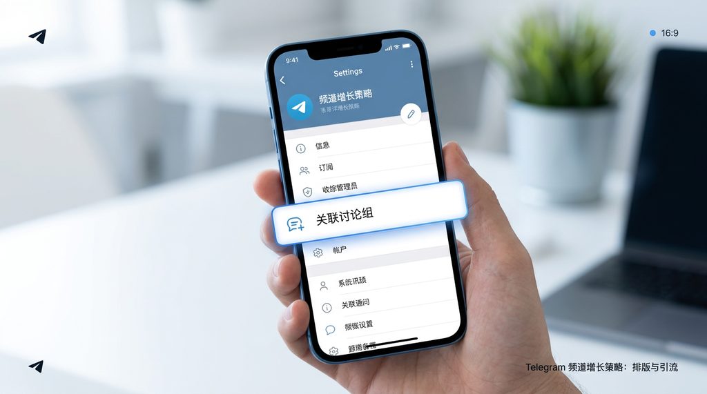 Telegram 手机端设置界面，展示将频道关联至讨论群组的选项，清晰标注了“添加讨论区”的功能入口