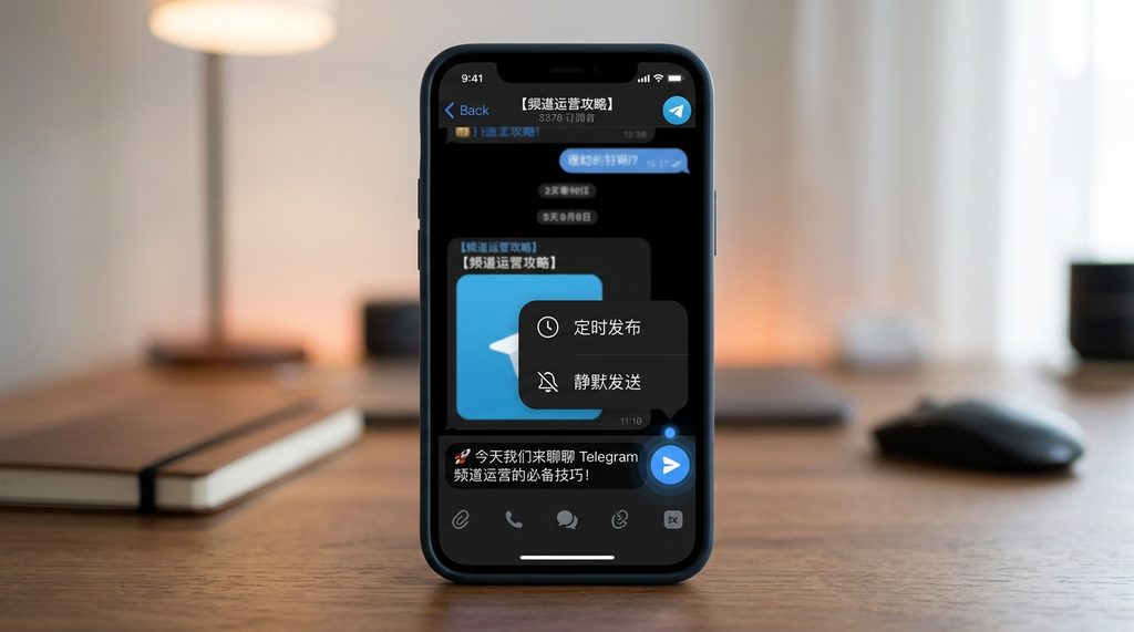 Telegram 发送按钮的长按菜单界面,展示“定时发布”和“静默发送”选项的截图