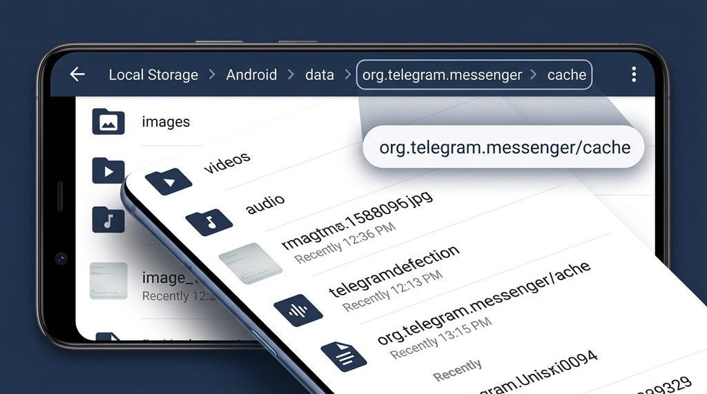 安卓手机文件管理器界面,展示Telegram缓存文件夹路径及文件列表