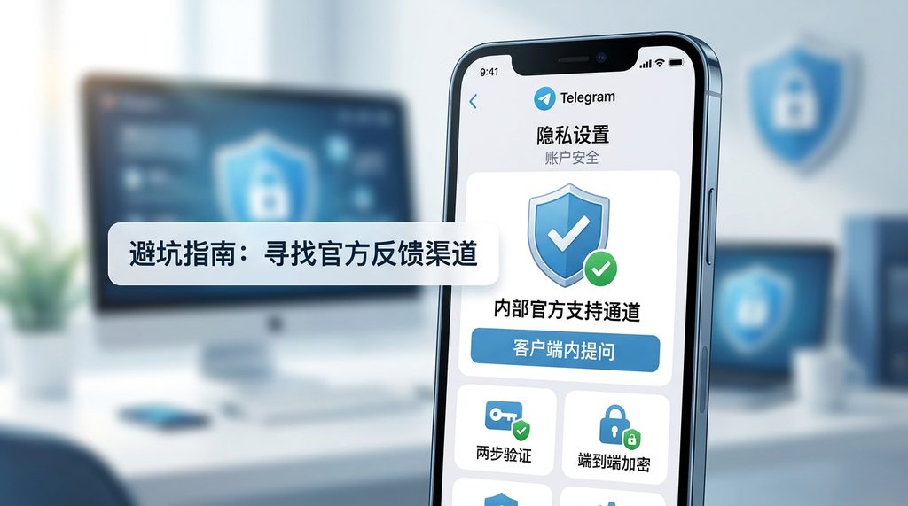 一个简易的智能手机界面,屏幕上显示着Telegram隐私设置的图标,背景虚化,强调网络安全感