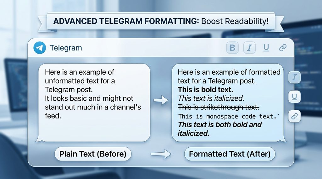 Telegram 消息编辑器中展示文字加粗、斜体排版后的视觉效果对比