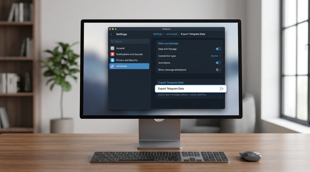 Telegram桌面端设置界面,突出显示导出数据选项的菜单路径