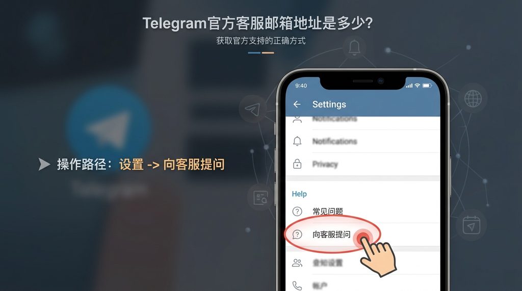 展示Telegram设置页面中“向客服提问”按钮的截图,简洁清晰,突出操作路径