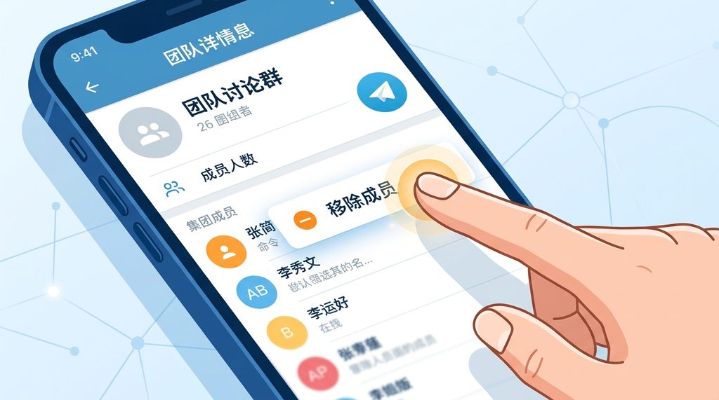 一个手机界面展示Telegram群组详细信息页面,手指正点击“移除成员”选项的特写镜头,简洁明快风格