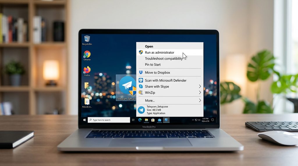一台电脑屏幕上显示右键点击安装程序并选择“以管理员身份运行”的操作界面,细节清晰