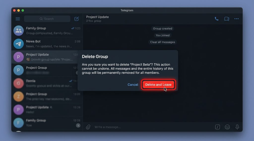桌面端Telegram操作界面,屏幕中间弹出的确认删除群组警告对话框,界面干净,强调退出按钮