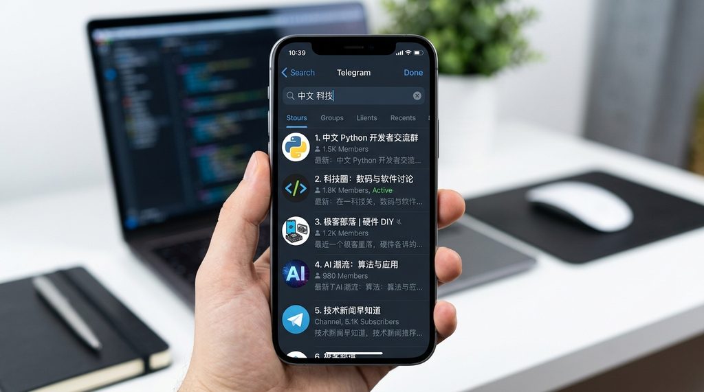 一张展示Telegram手机端搜索界面，搜索框内输入“中文 科技”，下方出现多个活跃的中文技术群组列