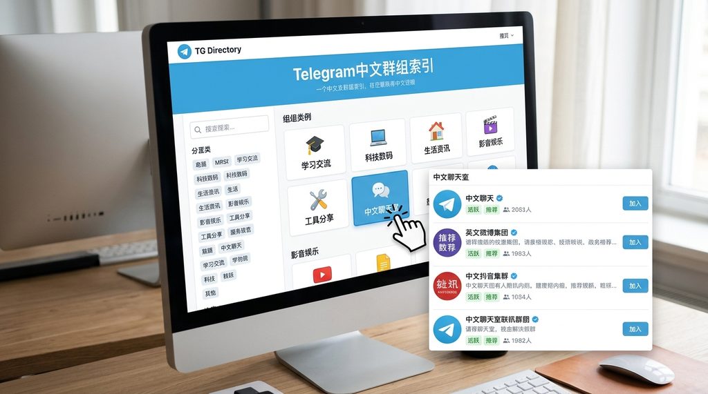 一个电脑屏幕显示Telegram群组导航网站，页面上有清晰的分类标签，鼠标正点击“中文群组”栏目的示