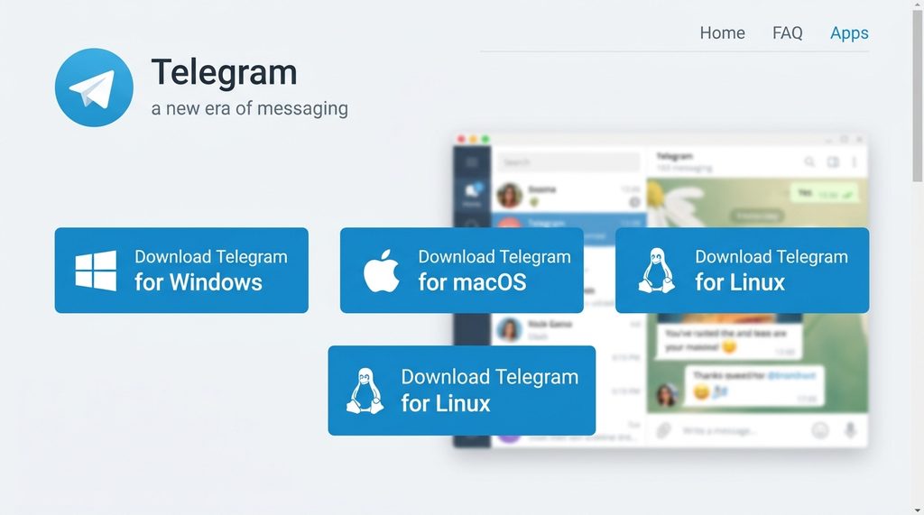 Telegram 官方网站首页截图,展示各个平台的下载按钮,风格简洁明了