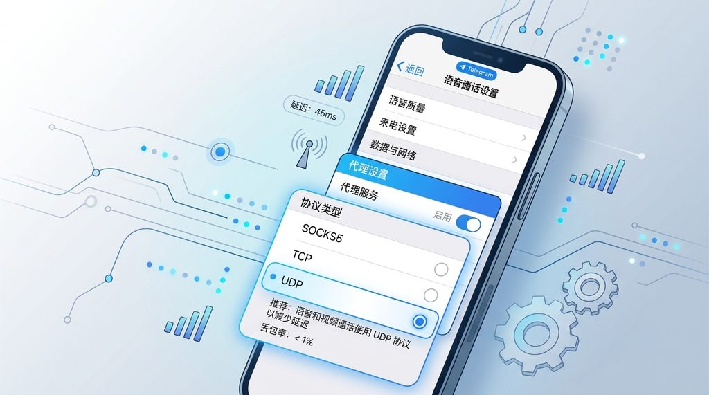 一台智能手机屏幕，显示Telegram语音通话设置界面，界面中突出了关于代理配置的UDP协议选项，现