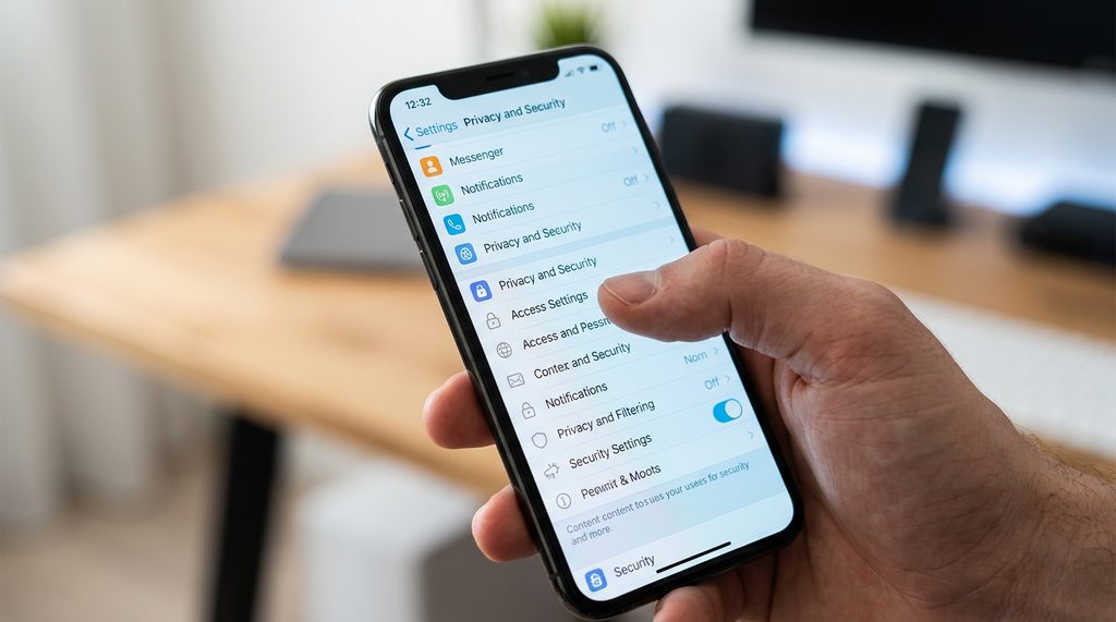 一位用户在手机上操作Telegram设置界面的特写，展示隐私与安全选项的深度层级，专业摄影风格，光线