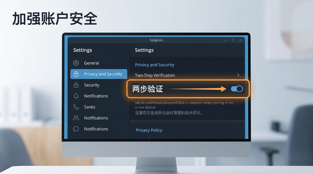 Telegram 桌面版设置界面截图,突出显示“两步验证”开关的设置路径