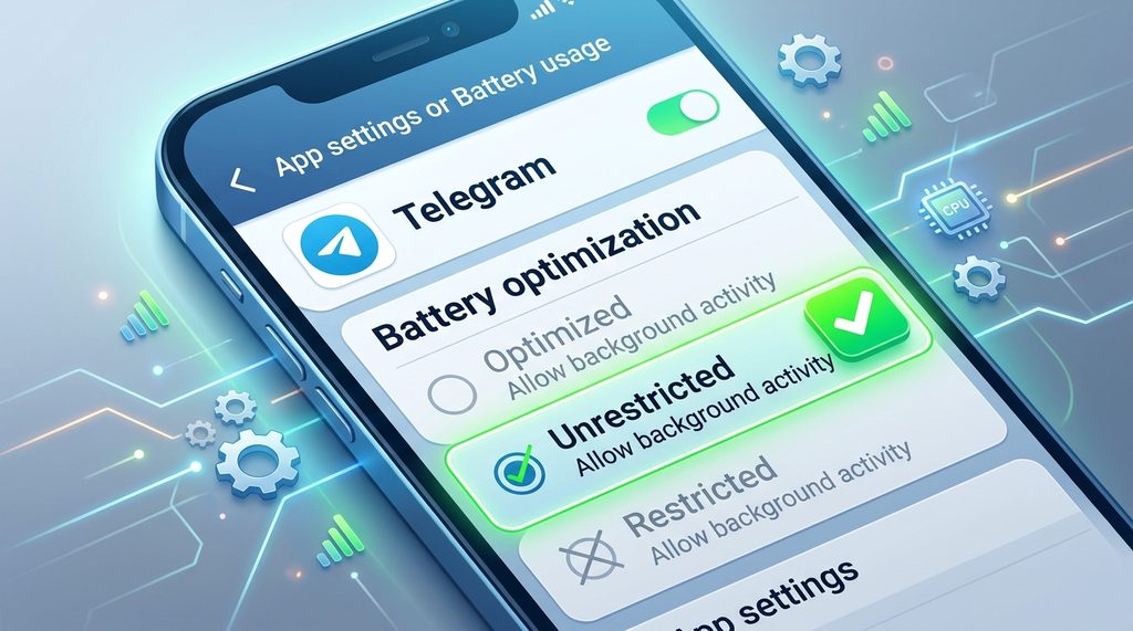 手机设置界面，展示将Telegram应用设置为“电池优化：无限制”的步骤，带有一个亮色的勾选图标