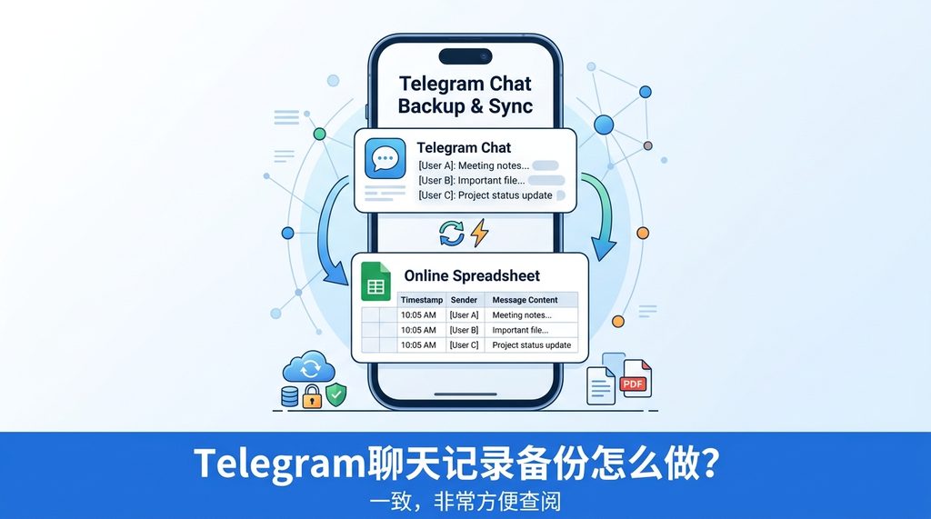 手机屏幕显示聊天记录自动同步到在线表格的UI界面，简洁直观的图标设计