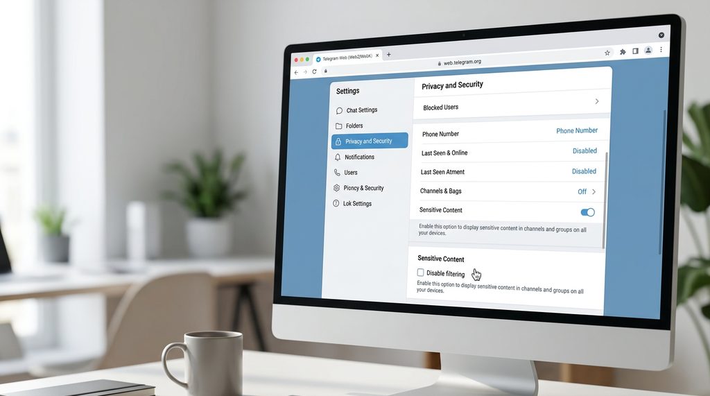 电脑桌面显示Telegram网页版后台设置界面，鼠标光标正停留在Disable filtering复