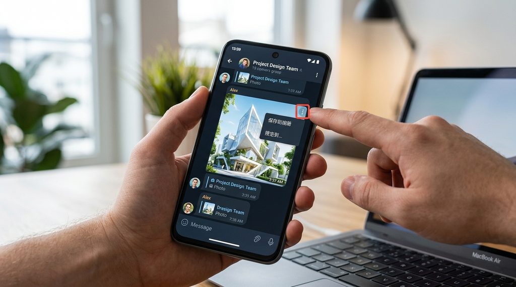 手持智能手机操作界面，手指正在点击Telegram聊天框中图片右上角的三个点菜单选项