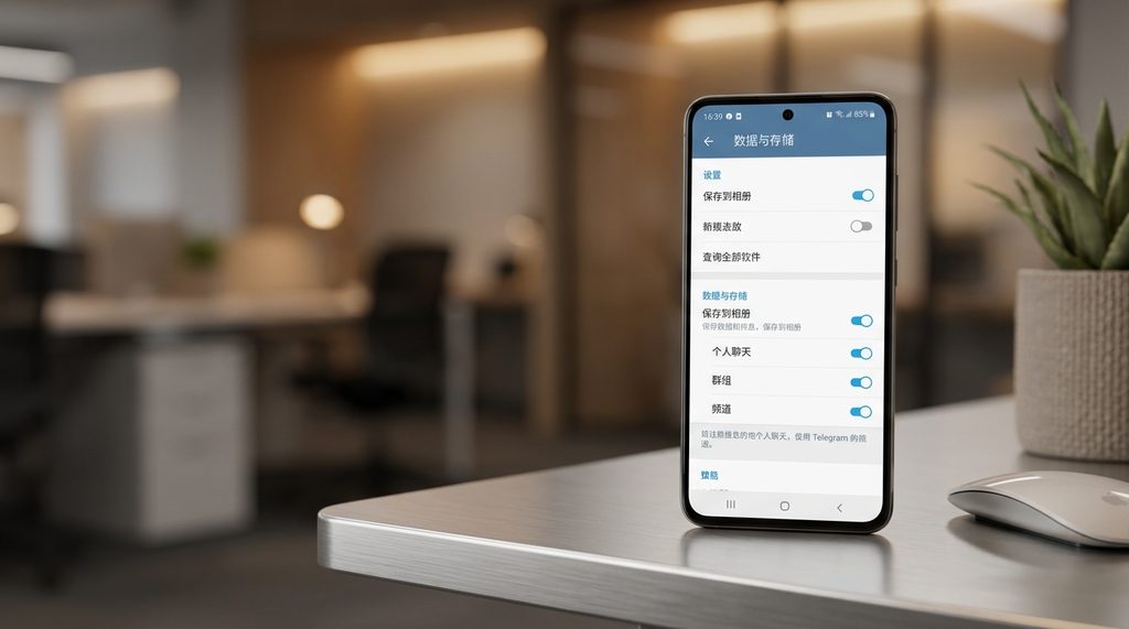 Telegram App 设置界面的数据与存储选项卡，保存到相册的开关处于开启状态