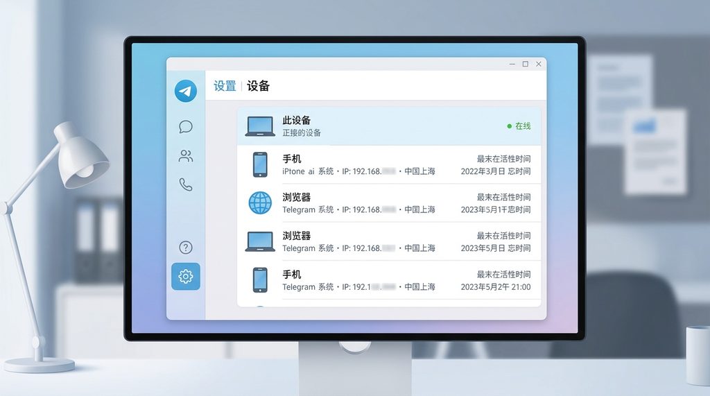 Telegram电脑端设置界面，展示设备管理选项的详细视图，现代简约风格
