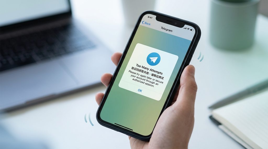 手机屏幕显示Telegram验证码获取失败的弹窗提示，强调保持冷静的视觉表现