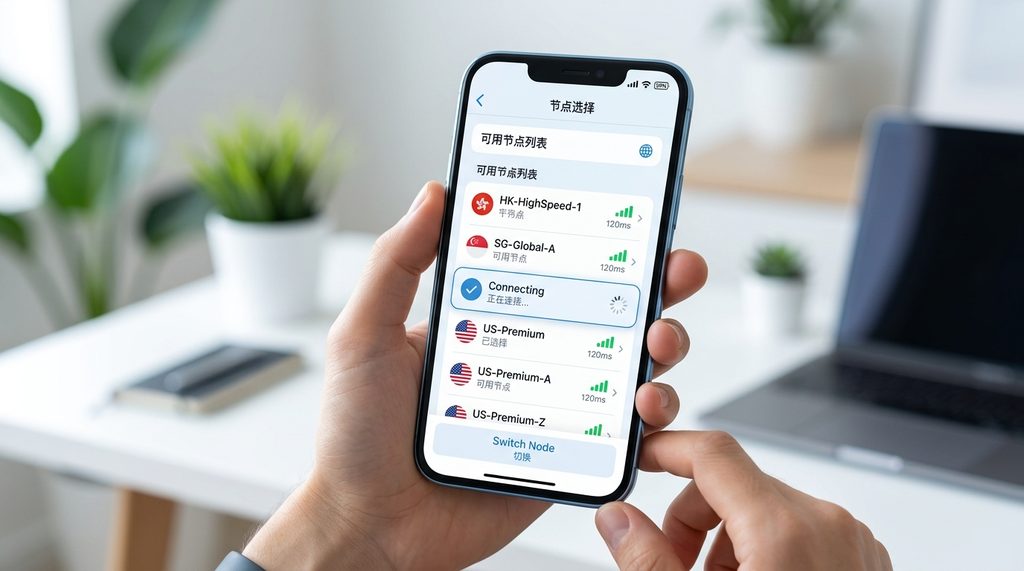 一台智能手机界面,显示正在切换网络代理节点的设置界面,图标清晰,现代极简风格