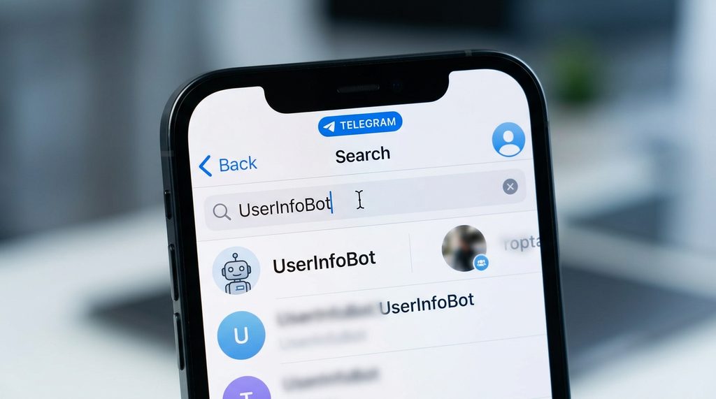 展示手机屏幕界面,显示 Telegram 搜索框输入 UserInfoBot 的操作过程,界面简洁,