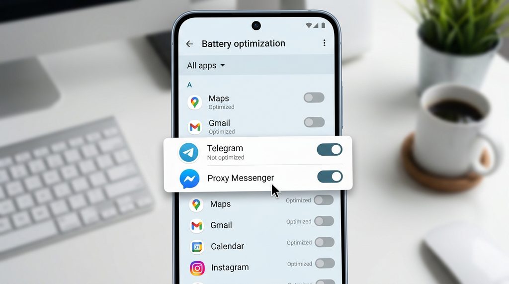 手机后台应用管理界面,展示电池优化设置选项,突出显示Telegram和代理工具的白名单开关