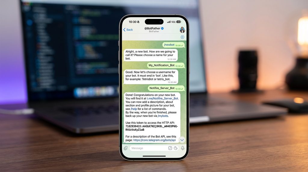 一个清晰的手机屏幕截图，显示在 Telegram 中通过 @BotFather 成功创建机器人，并展