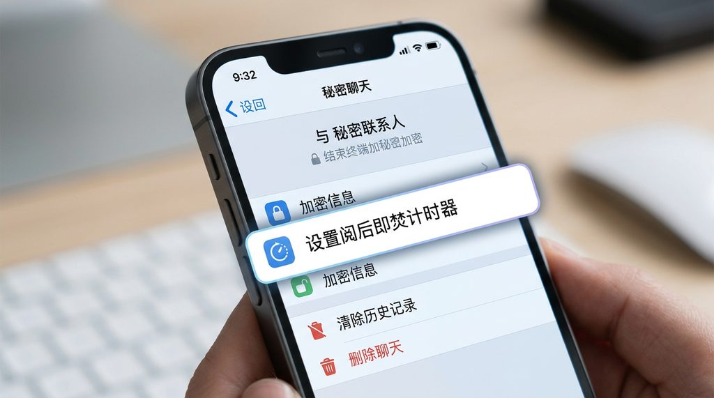 智能手机界面展示Telegram秘密聊天设置菜单，突出显示阅后即焚计时器选项的特写