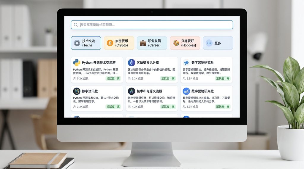 一个简洁的电脑屏幕展示着一个Telegram群组目录网站，页面上有清晰的分类标签和搜索框，UI设计现