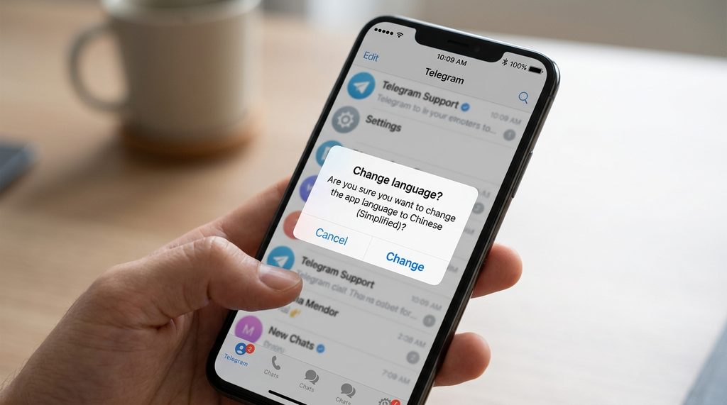 用户在手机端点击Telegram汉化链接后，屏幕弹出“Change language?”确认弹窗的界