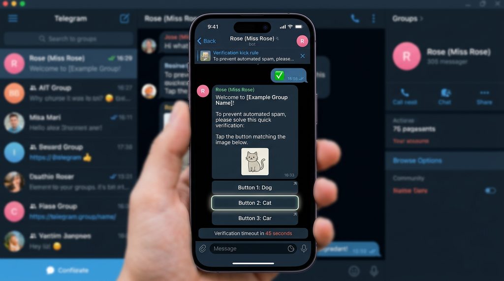 一个Telegram手机界面截图，显示Rose机器人发送的交互式验证按钮，背景模糊处理