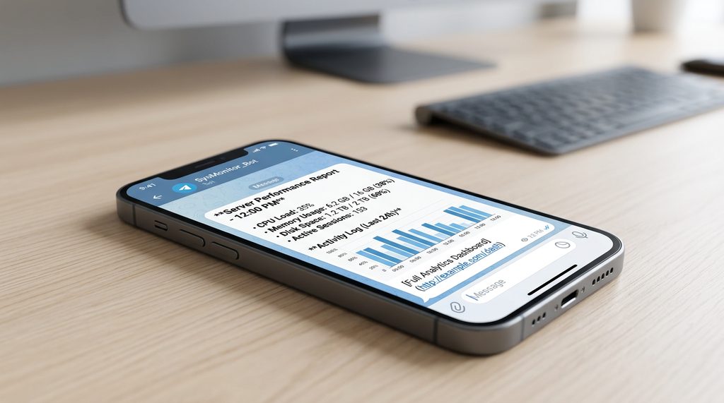 智能手机上显示 Telegram 聊天界面，上面是一条格式清晰的监控推送消息，包含加粗字体和数据统计