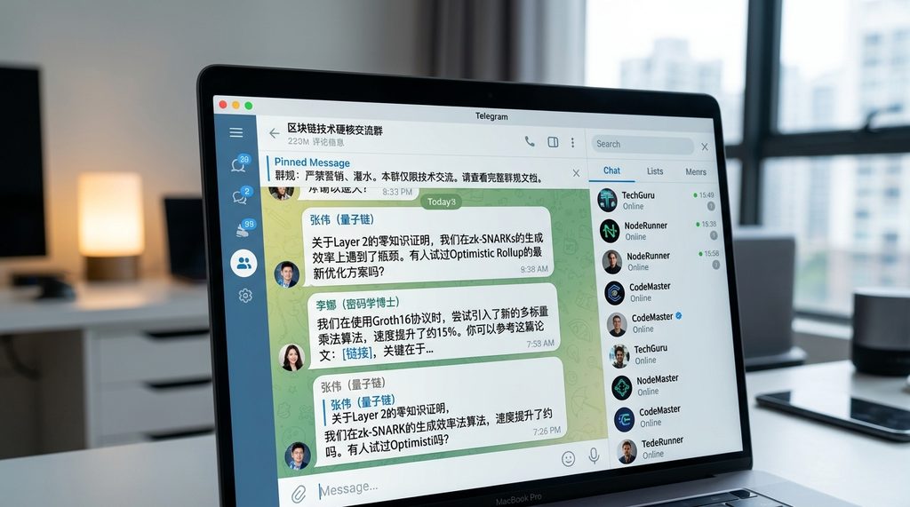 特写镜头，展示一个正在进行深度技术讨论的Telegram聊天界面，用户头像和消息内容排版清晰，右侧显